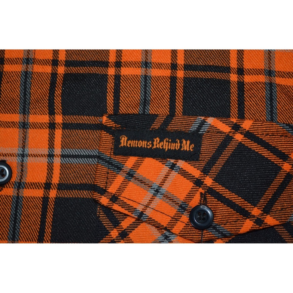 Demons Behind Me Flannel Button Up Shirt 3XLT Orange Black Plaid Skull Patch New - Picture 2 of 12